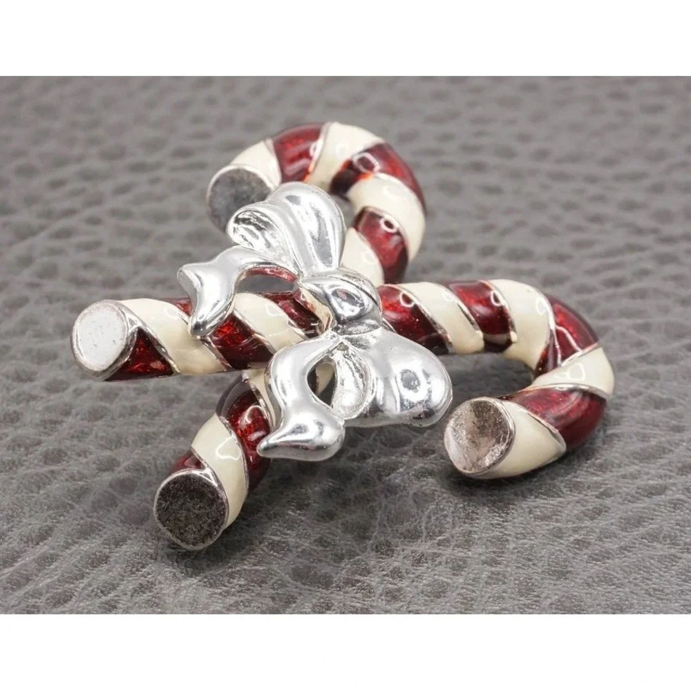 Vintage Napier Christmas Candy Cane Brooch Pin Red White Enamel Silver Tone